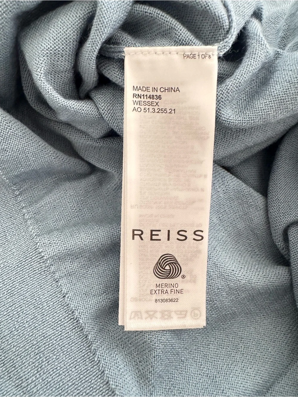 Reiss Wessex Crewneck Jumper Men’s Long Sleeve Merino Wool Sweater in Soft Blue